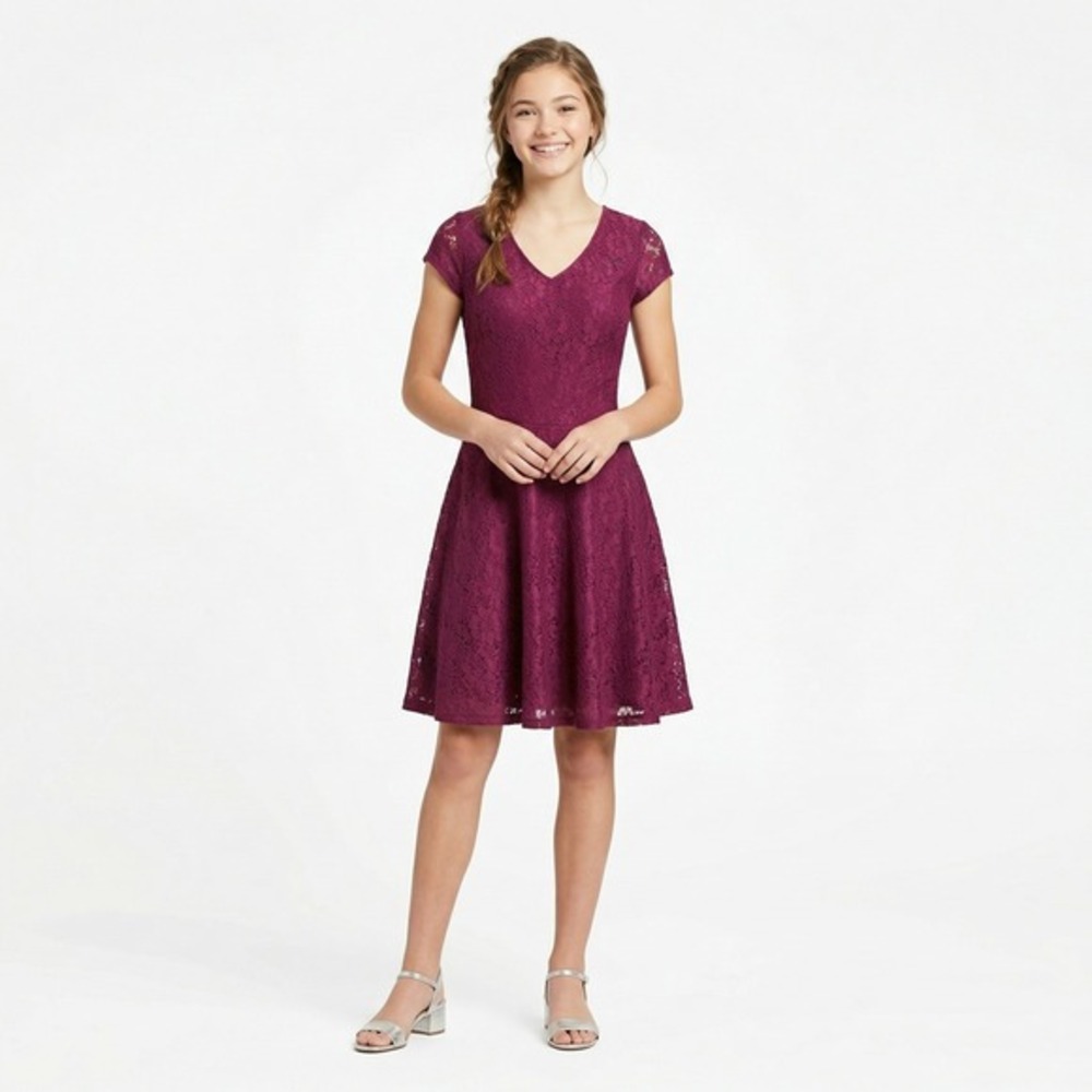 My Michelle Juniors Plum Purple Lace Fit & Flare Open Back Tie Dress Size 11